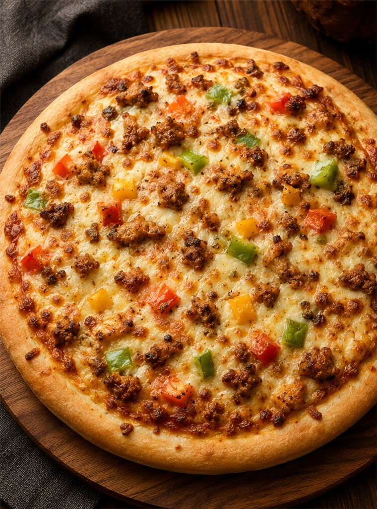Fresh pizza topped with savory meat and peppers